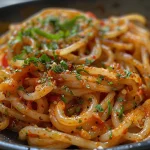 Un primer plano de fideos salteados con verduras coloridas y salsa de sésamo.
