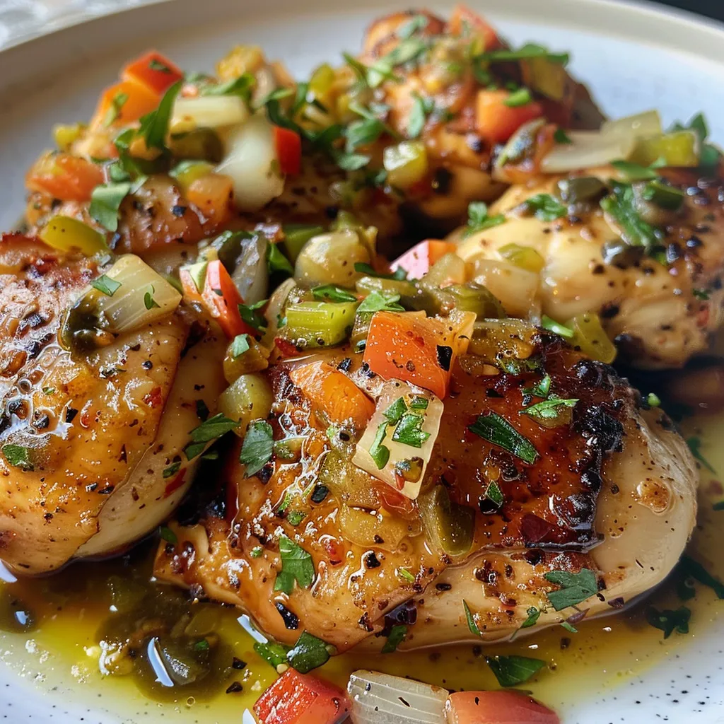 Vista lateral de un salteado de pollo con verduras listo para servir.