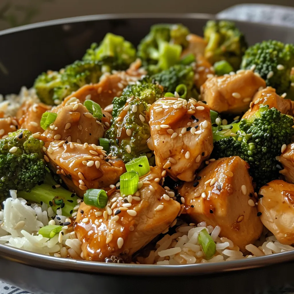 Close-up de un platillo de pollo y brócoli salteados, con verduras frescas y arroz.