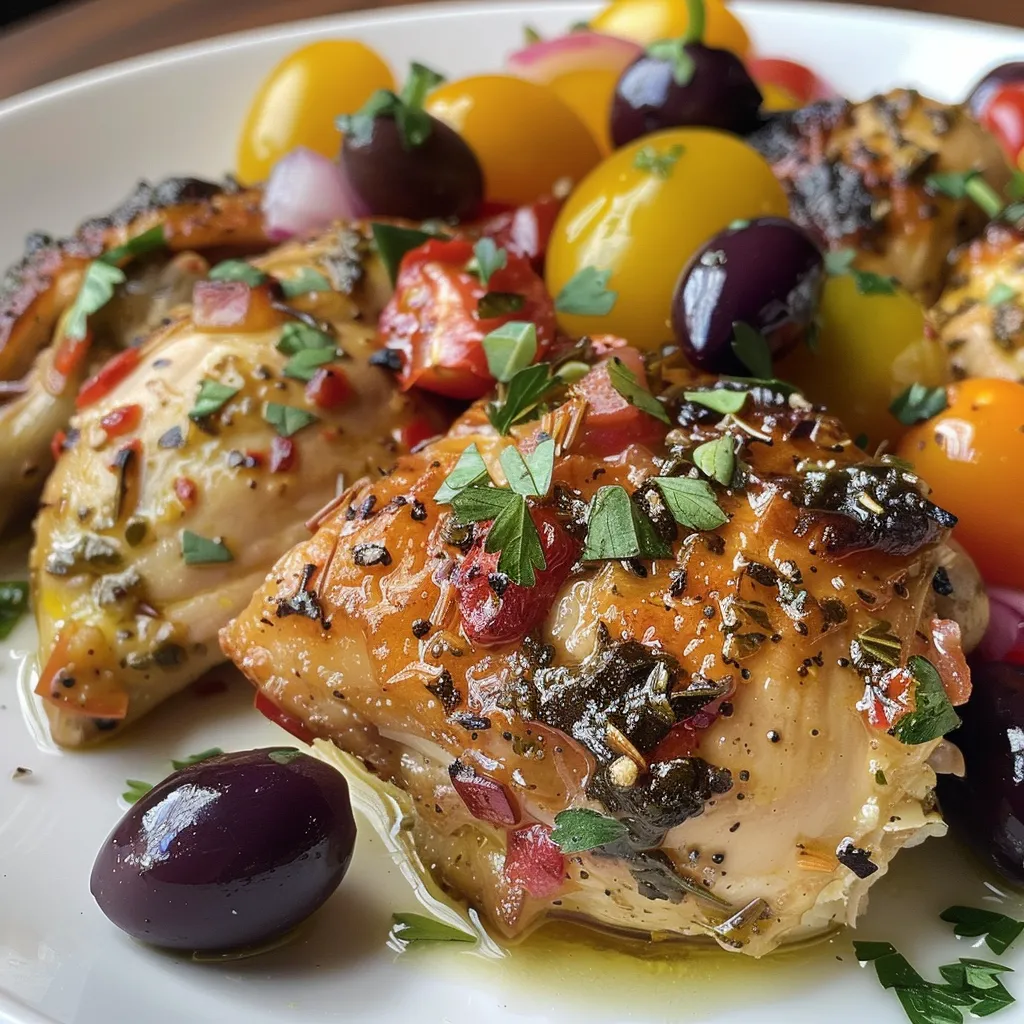 Salteado Mediterráneo Pollo en un plato, con verduras y hierbas frescas bien presentadas.