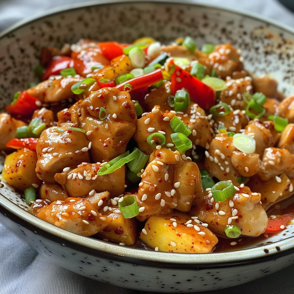 Side view of a delicious stir-fry featuring chicken and aromatic herbs, garnished with sesame seeds.
