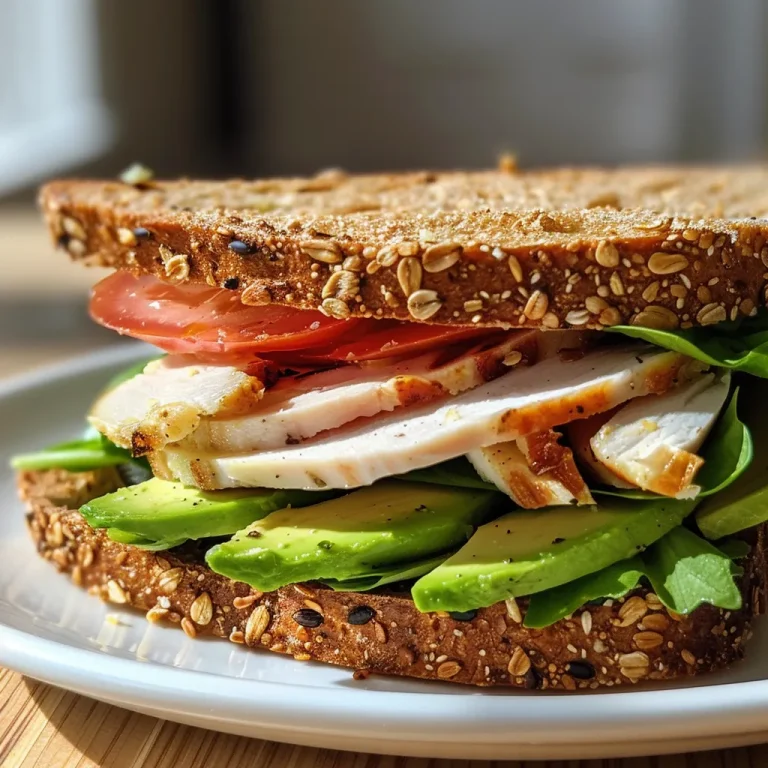Sándwich de pavo y aguacate en un plato, con pan integral dorado.