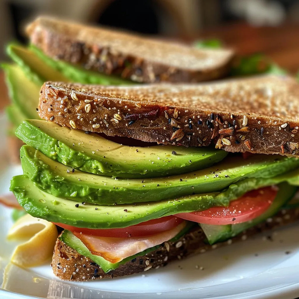 Close up de un sándwich de pavo y aguacate, mostrando relleno jugoso.