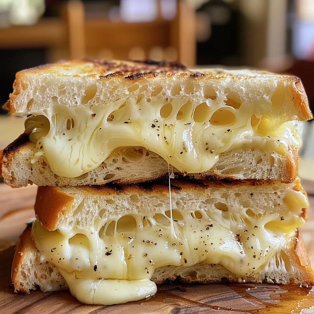 Vista lateral de un sándwich de queso a la parrilla con queso cheddar y Gruyère.