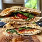 Sándwich pita vegano con ingredientes frescos visibles en el interior.
