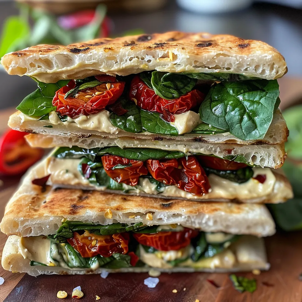 Vista lateral de un sándwich pita vegano, mostrando su relleno colorido y jugoso.