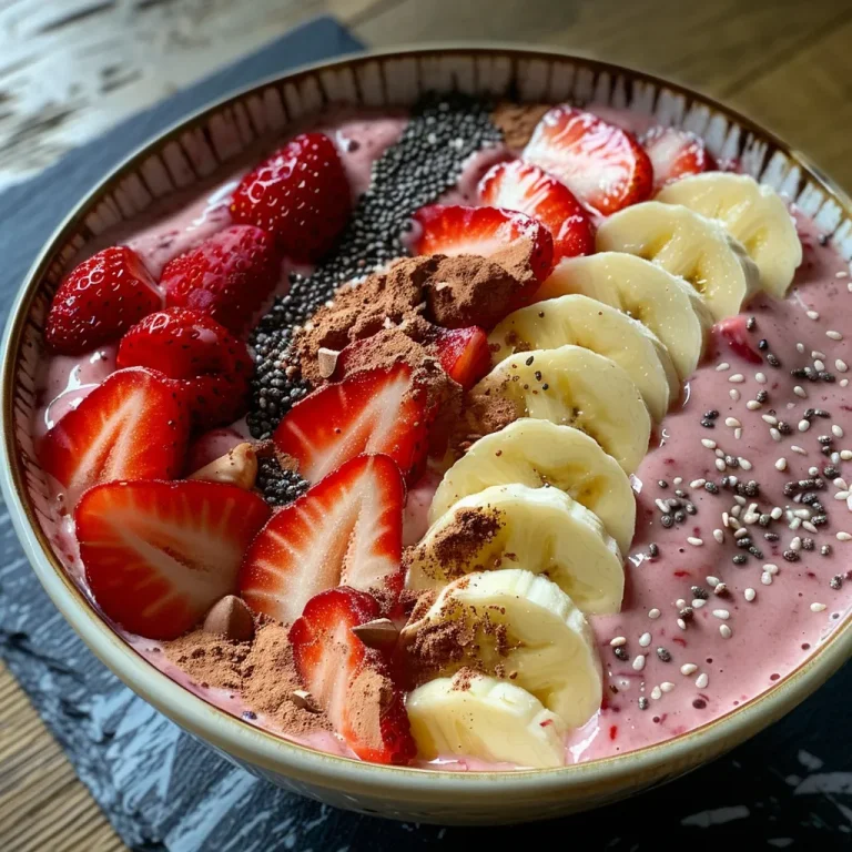 Tazón de smoothie con fresas y plátano decorado con frutas frescas.