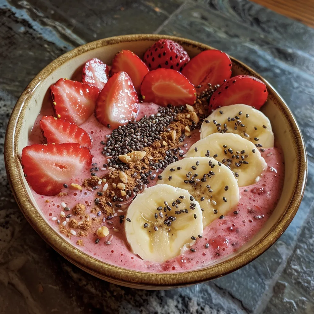 Smoothie bowl vibrante con fresas y plátano, adornado con semillas y frutos secos.