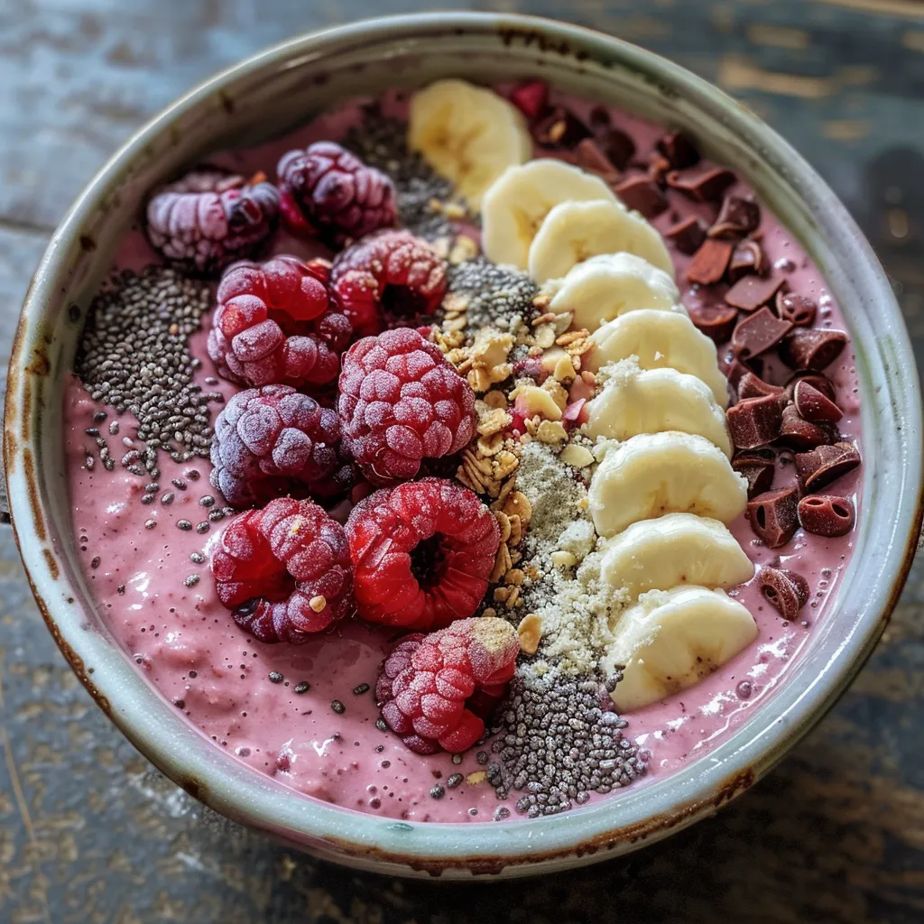 Close up de un smoothie bowl decorado con frutas frescas y granola.
