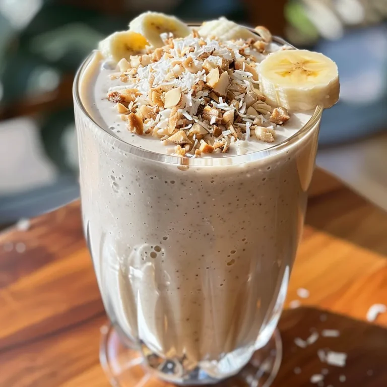 Smoothie de coco cremoso en un vaso con decoraciones de coco.