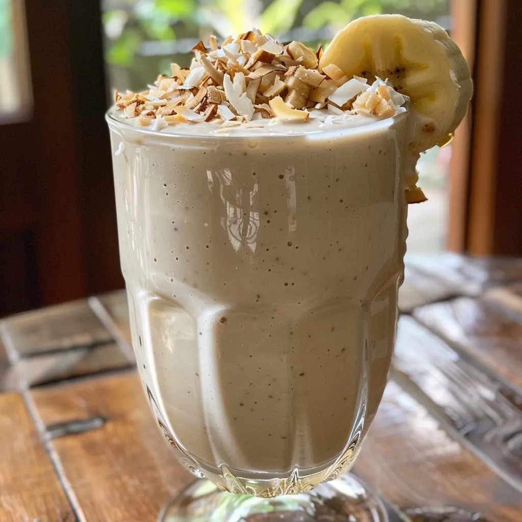 Primer plano de un smoothie de coco con una pajilla y rodajas de plátano.