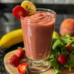 Smoothie de frutos rojos en un vaso transparente, con una pajilla roja.