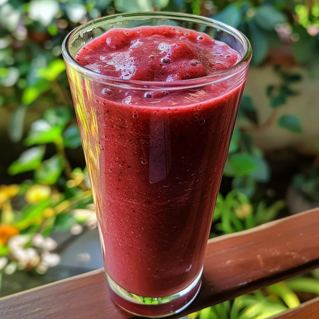 Primer plano de un smoothie de frutas rojas, con textura cremosa y color vibrante.