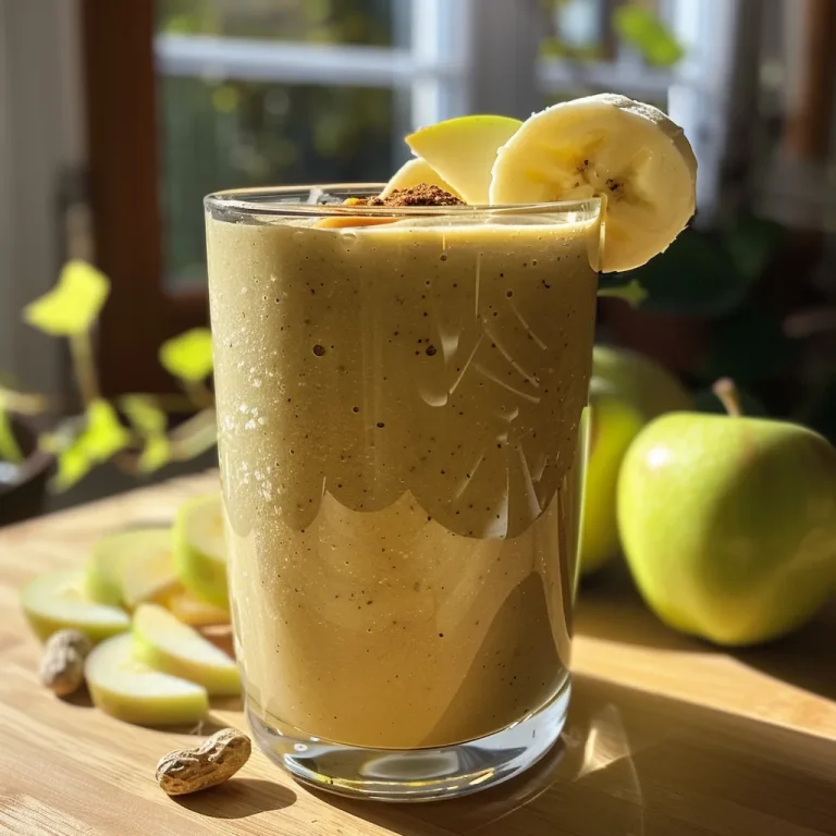 Primer plano de un smoothie de manzana con ingredientes frescos en un vaso.