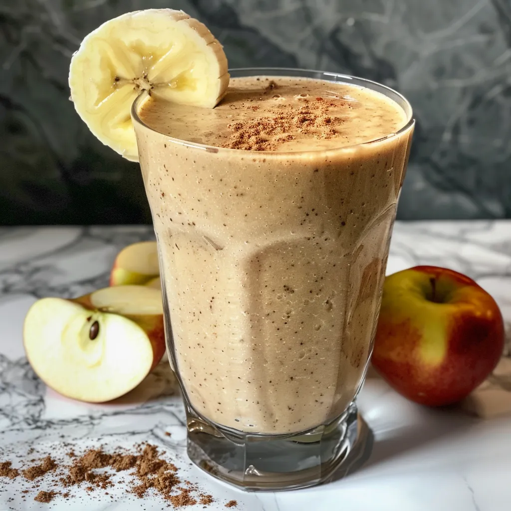 Smoothie de manzana en un vaso, adornado con rodajas de manzana y plátano.