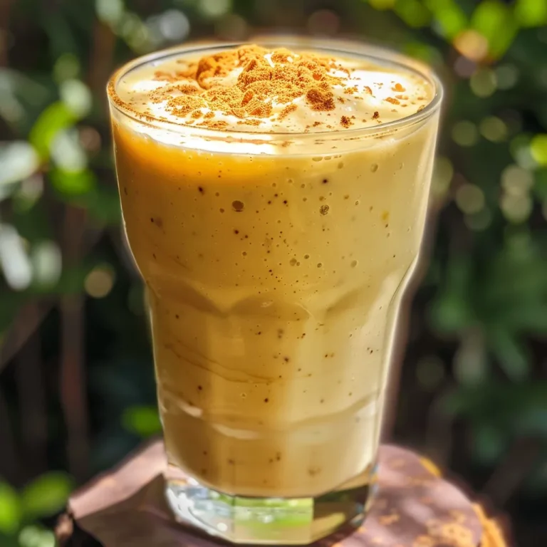 Primer plano de un smoothie de melocotón, mostrando su textura cremosa y color naranja vibrante.