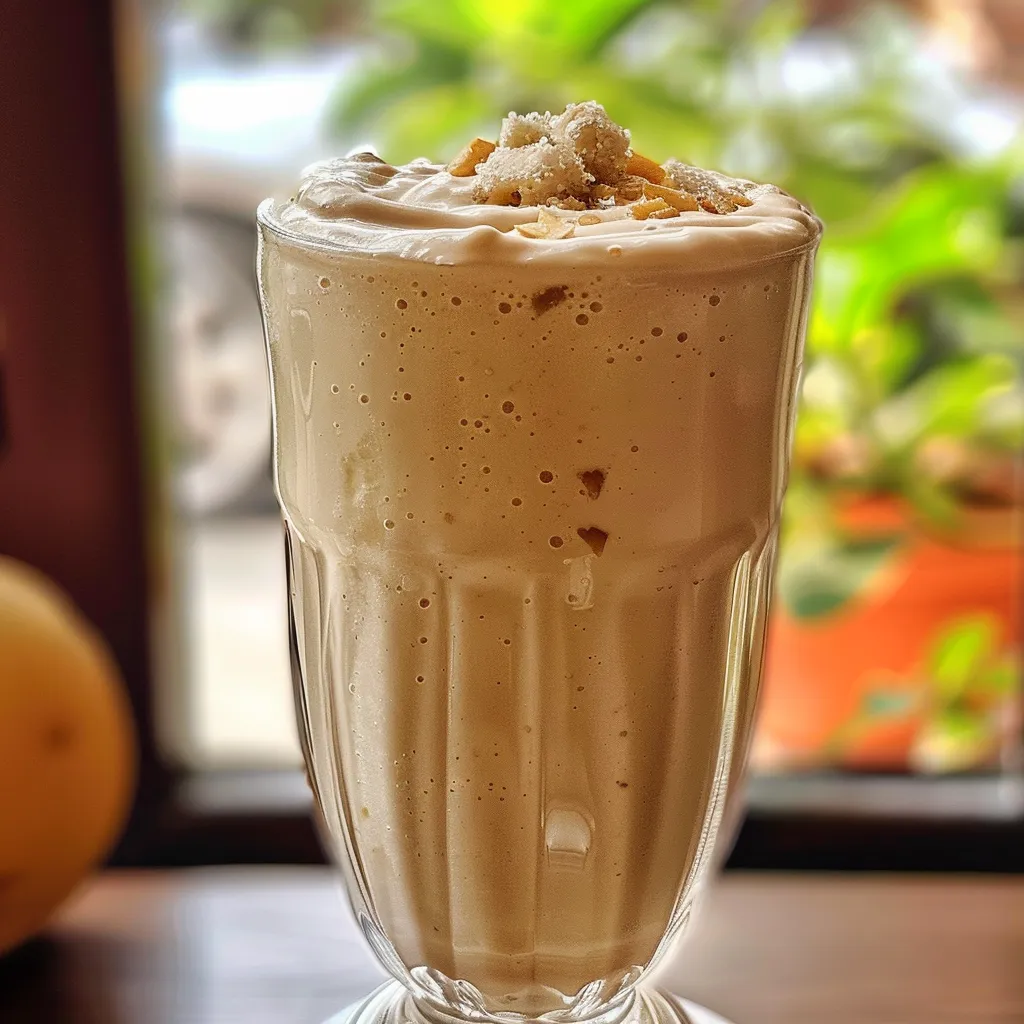 Vista lateral de un smoothie de melocotón en un vaso, decorado con canela en la parte superior.