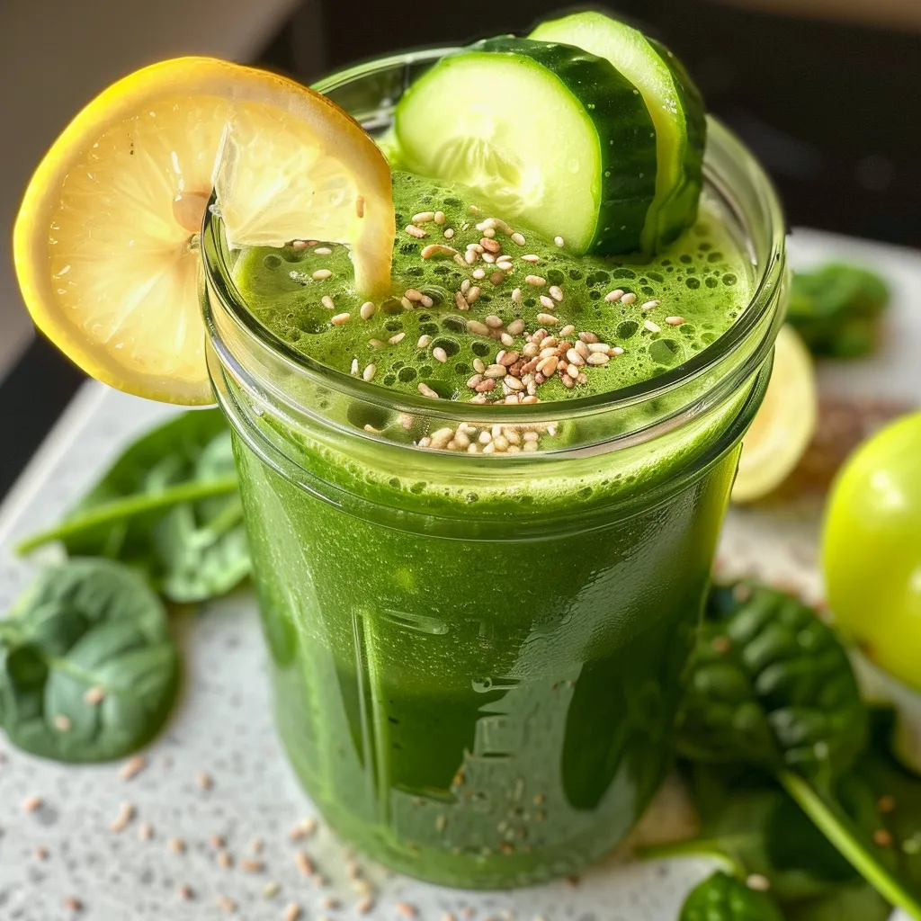 Smoothie verde vibrante con trozos de espinaca y manzana.