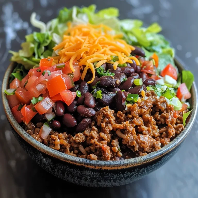 Disfruta de un Taco Bowl de Carne Molida Sencillo y Delicioso Tazón de tacos con carne molida, arroz y vegetales frescos.