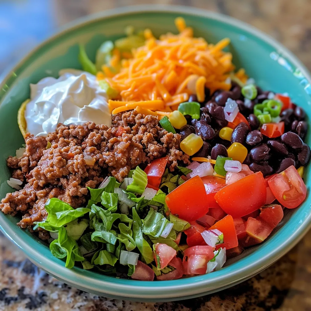 Tazón de tacos que presenta carne molida, frijoles y lechuga.
