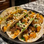Primer plano de tacos de batata asada en un tazón.