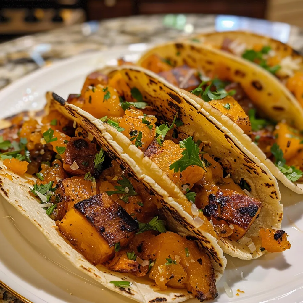 Vista lateral de un tazón con tacos de batata y queso derretido.