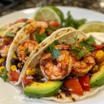 Tazón de tacos de camarón chipotle con arroz, frijoles y verduras frescas.