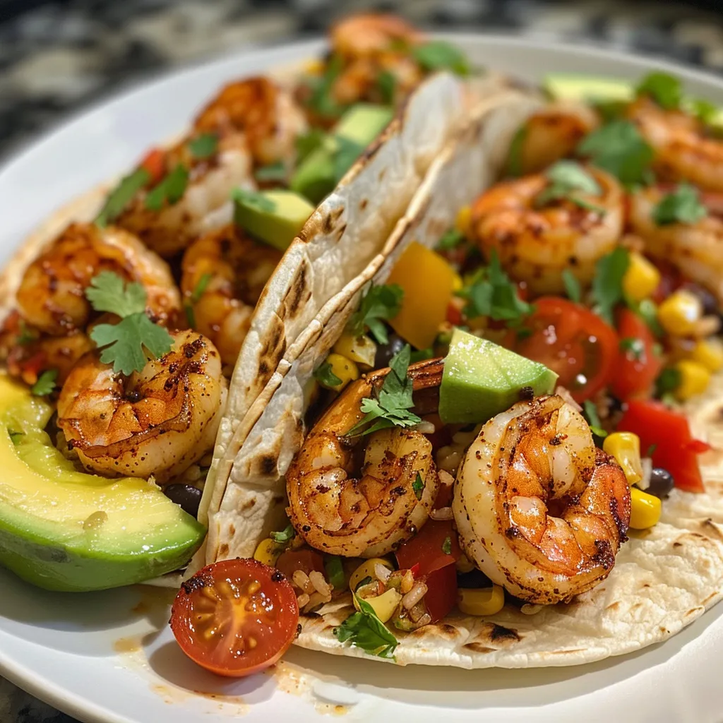 Primer plano de un tazón lleno de tacos de camarón chipotle y ingredientes coloridos.