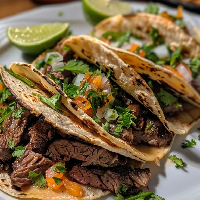 Tacos de carne asada jugosos con toppings frescos en un plato.