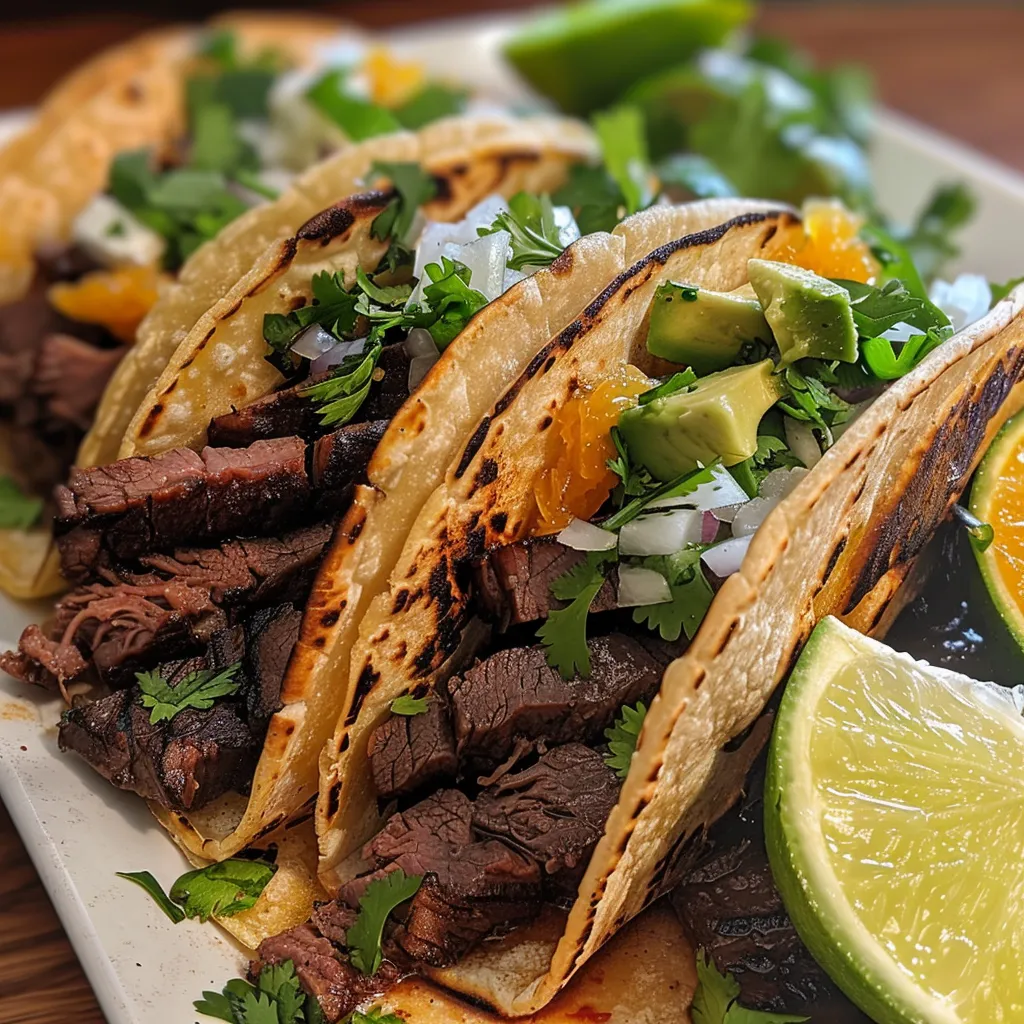 Vista cercana de tacos de carne asada decorados con cebolla y cilantro.