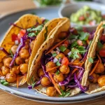 Tacos de garbanzos con repollo rojo y guacamole.