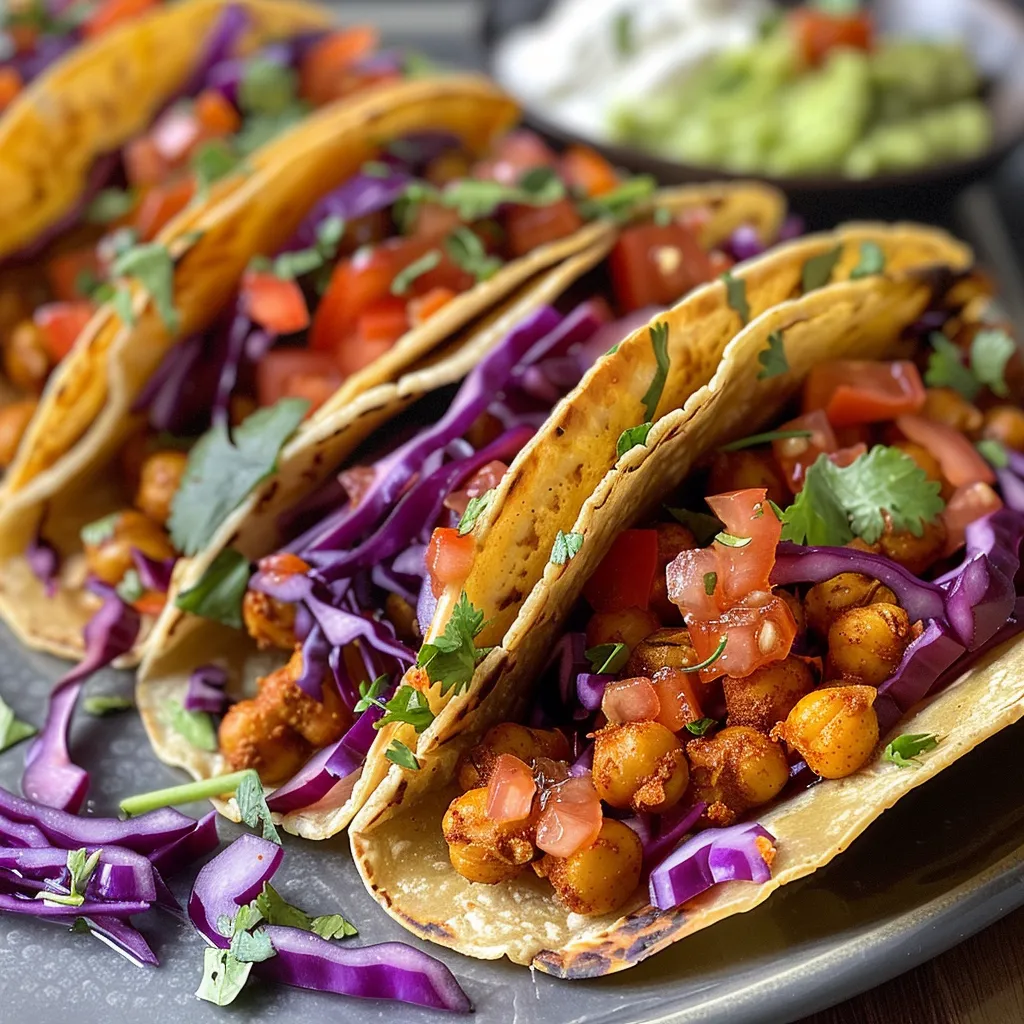 Tacos vegetarianos rellenos de garbanzos y vegetales frescos.