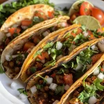 Tacos de lentejas veganos con guacamole y pico de gallo, presentados en un plato colorido.