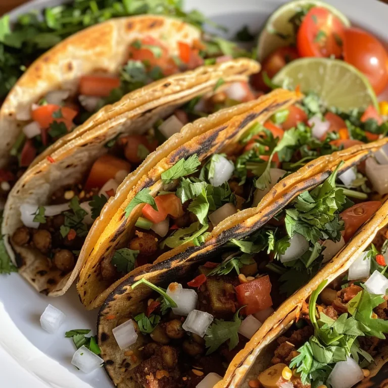 Tacos de lentejas veganos con guacamole y pico de gallo, presentados en un plato colorido.