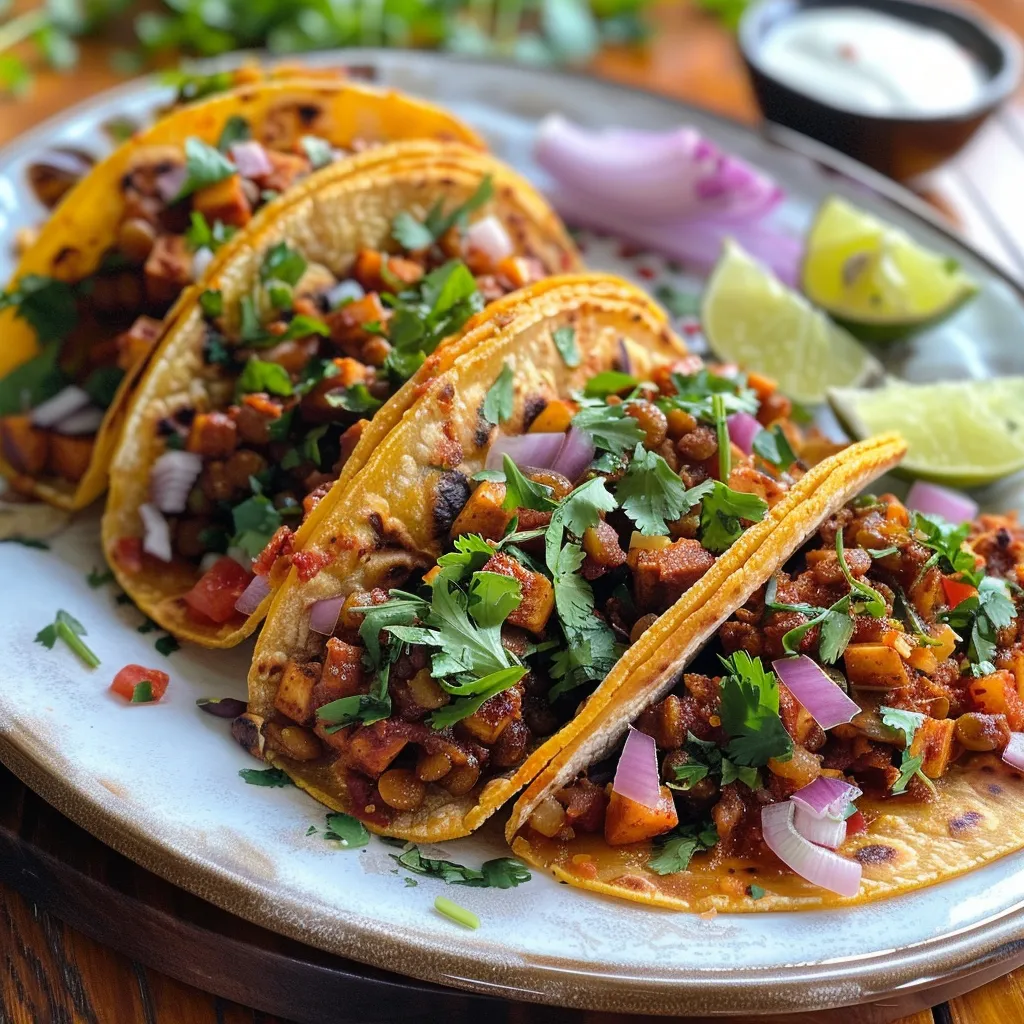 Primer plano de tacos de lentejas servidos con aguacate y pico de gallo en un fondo de mesa rústica.