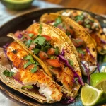 Primer plano de tacos de pescado con pescado negro y ingredientes frescos.