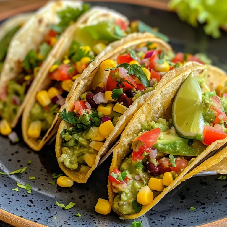 Tacos vegetarianos de guacamole cargados con ingredientes frescos y coloridos.
