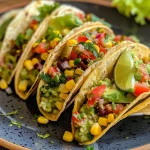 Tacos vegetarianos con guacamole cargados, coloridos y frescos.