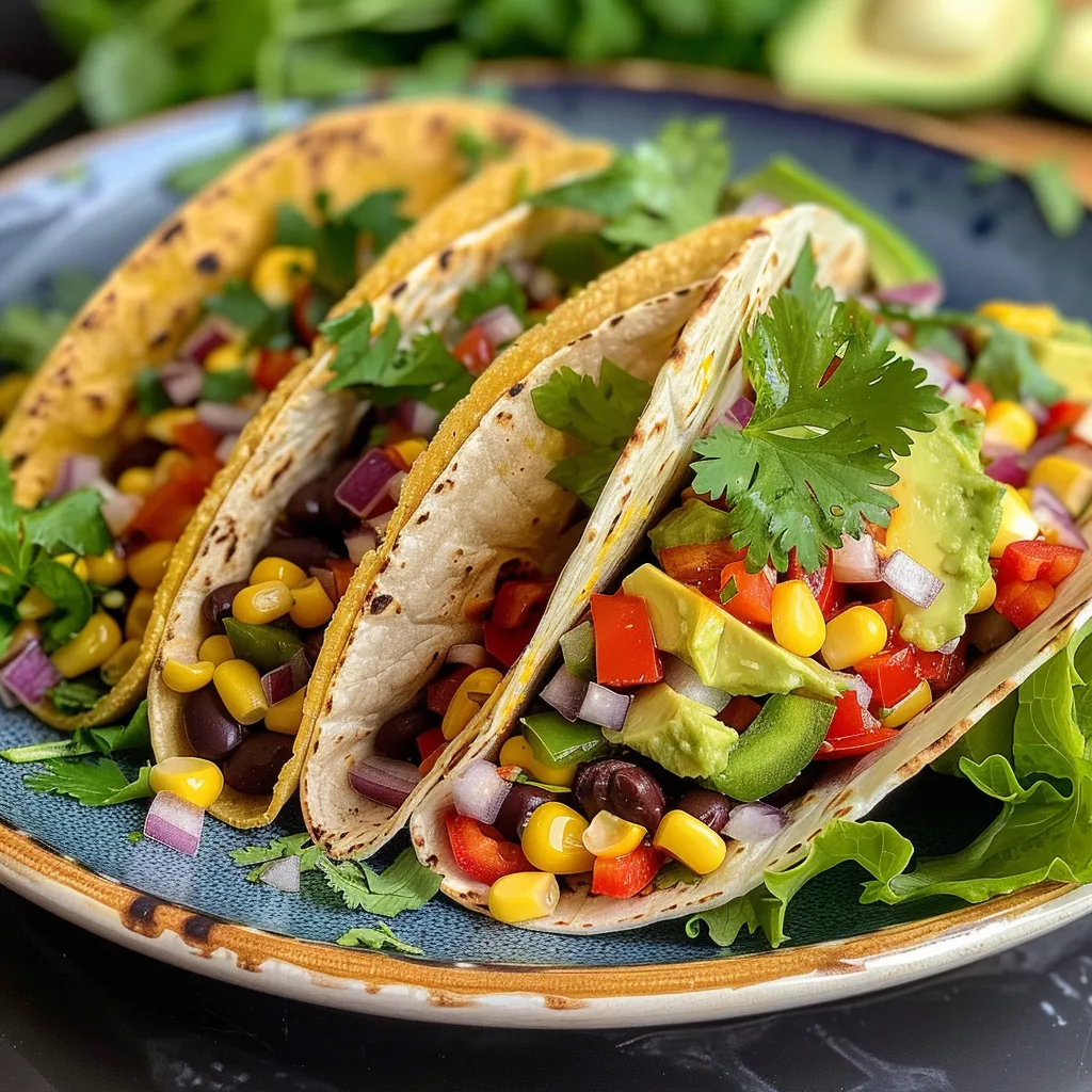 Tacos rellenos de guacamole, maíz y pimientos, presentados en un plato.