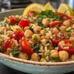 Tazón de arroz con garbanzos, espinacas y tomates cherry, visto de lado.
