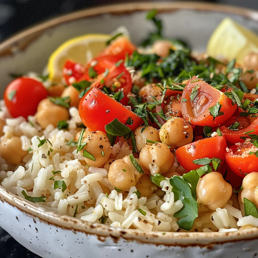 Primer plano de un plato saludable con arroz, garbanzos y vegetales, tomado con un iPhone.