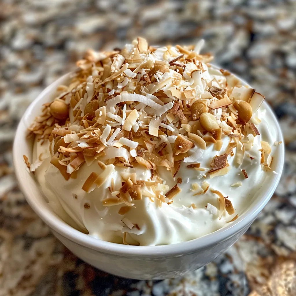 Primer plano de un tazón de yogur de coco con ingredientes variados.