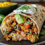 Tazón de burrito con pollo, aguacate y frijoles negros, visto lateralmente.