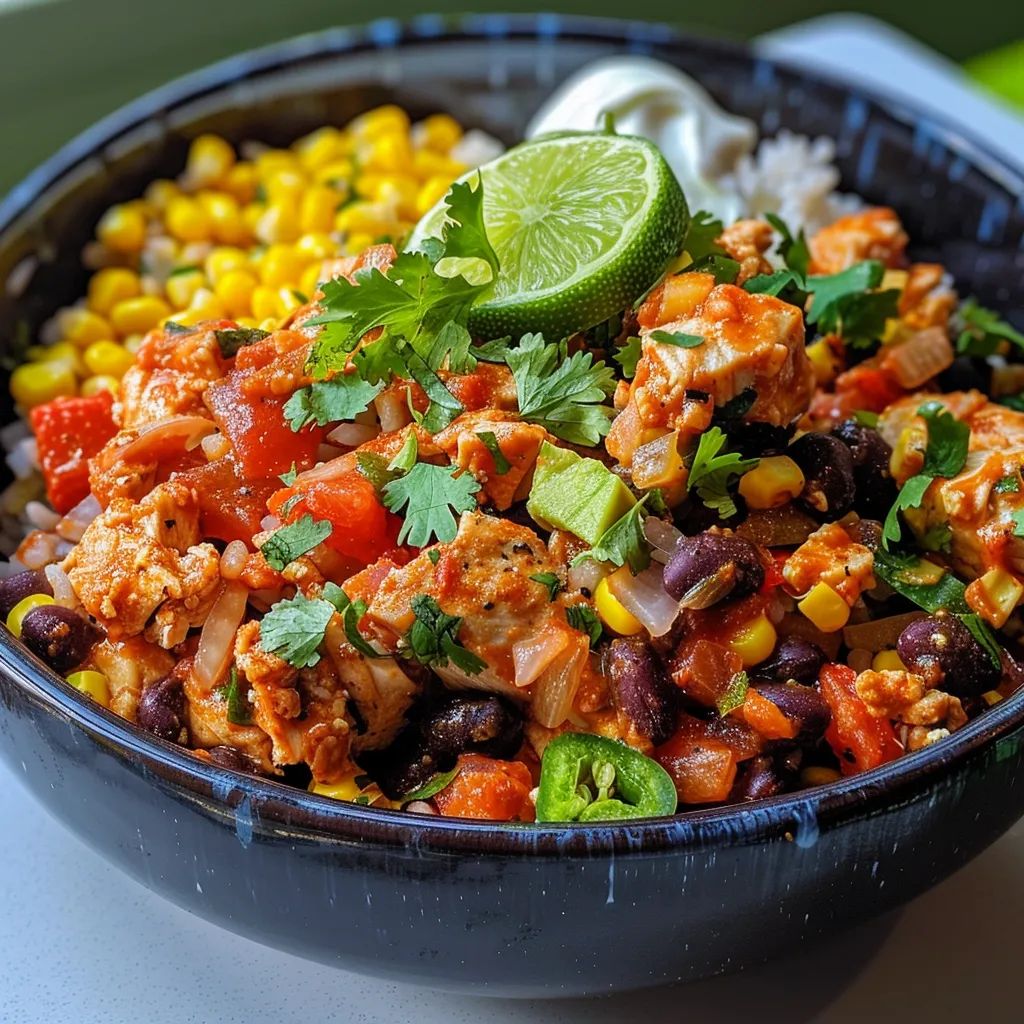 Plato de tazón de burrito de pollo mostrando arroz, frijoles y maíz.