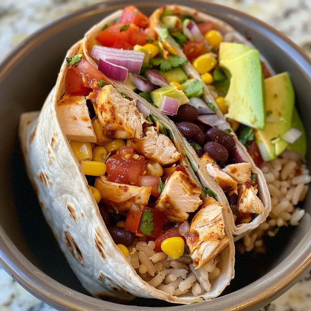 Vista detallada de un burrito bowl de pollo con aguacate y tomate.