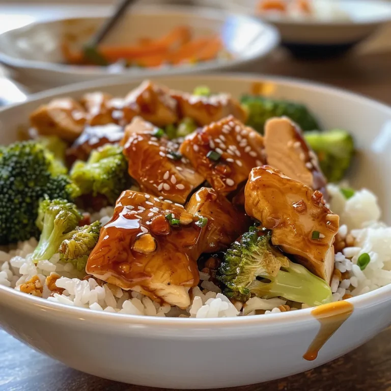 Close-up de un tazón de pollo teriyaki, mostrando ingredientes frescos.