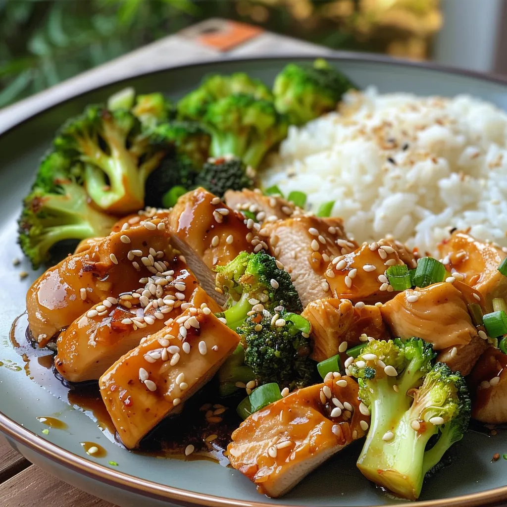 Comida deliciosa de pollo teriyaki servida en un tazón, con decoraciones.