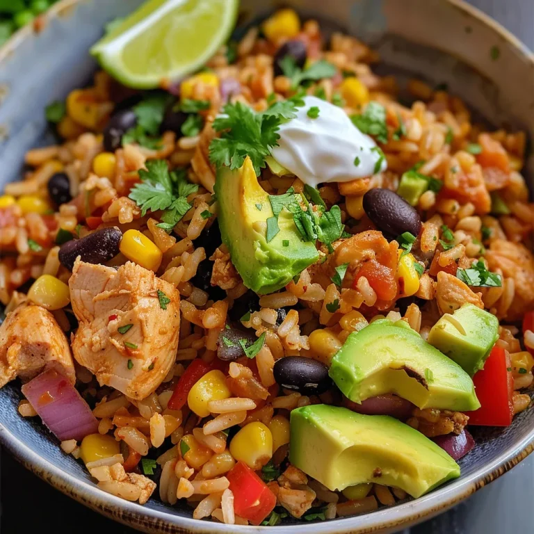 Vista lateral de un tazón de pollo y arroz lleno de ingredientes vibrantes.