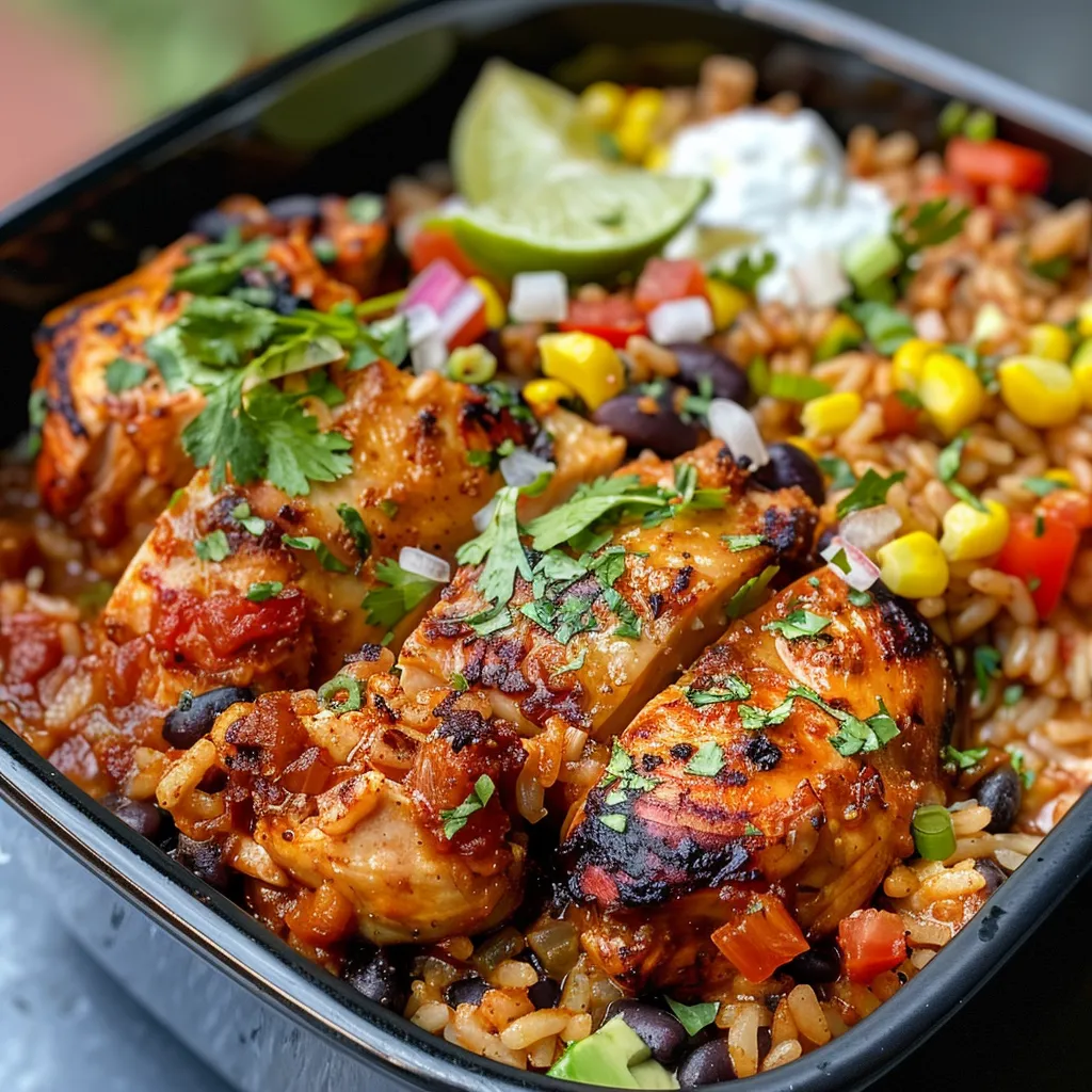 Comida casera de tazón mexicano con pollo, arroz y vegetales.