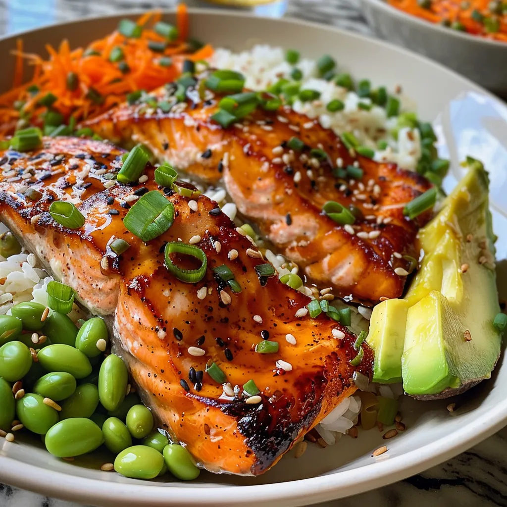 Primer plano de un tazón de arroz con salmón jugoso y vegetales frescos.